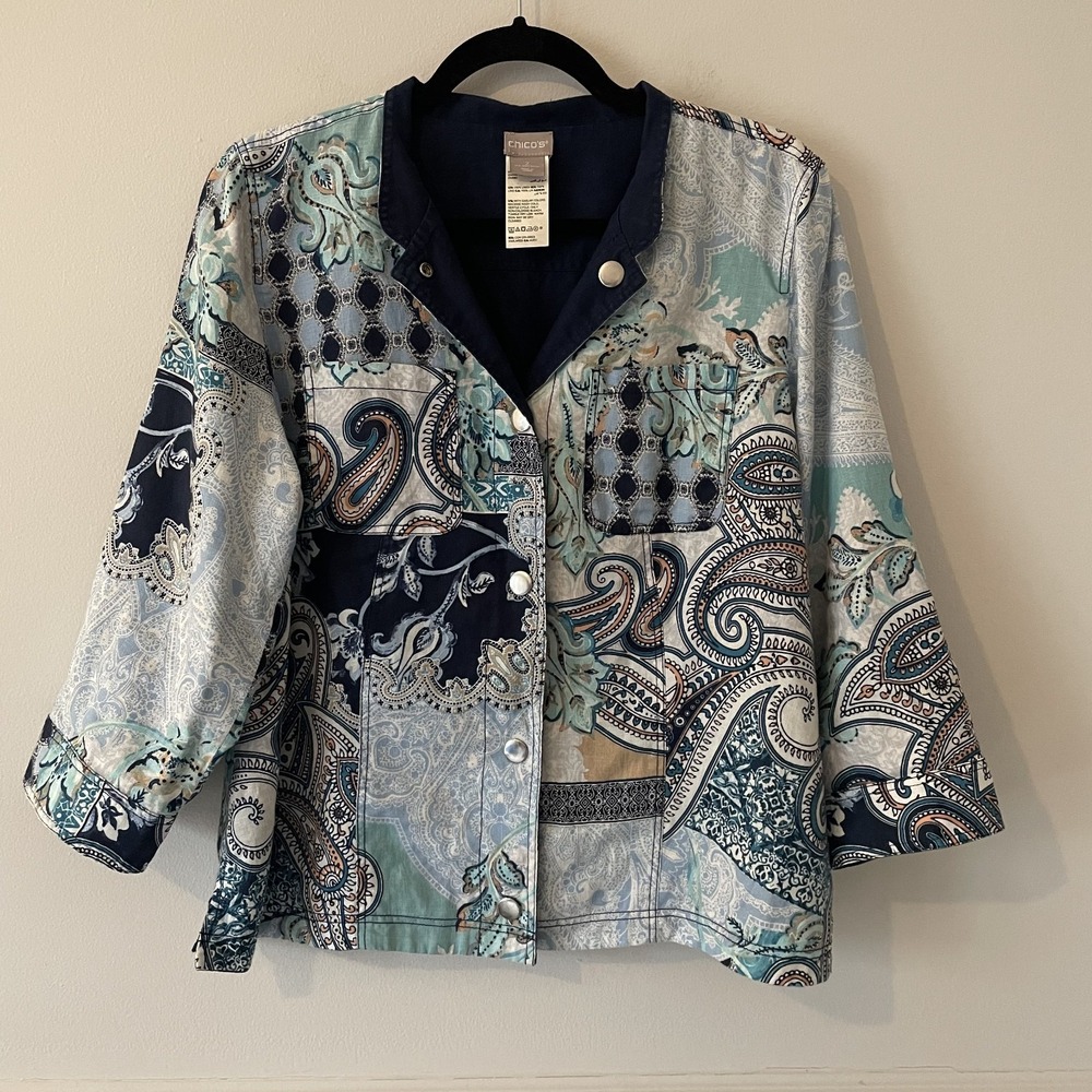 Chicos 100% Linen Patchwork Mixed Paisley Print‎ Jacket Size L 12/14 Artsy Boho